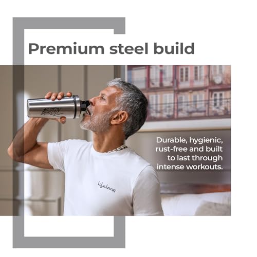 Image of Lifelong Steel Gym Shaker Bottle | Stainless Steel Protein Shaker | 100% Leakproof Sipper Bottle | Pre Workout Shaker with Measurement Markings | Protein Shake Mixer Bottle | 750 ml