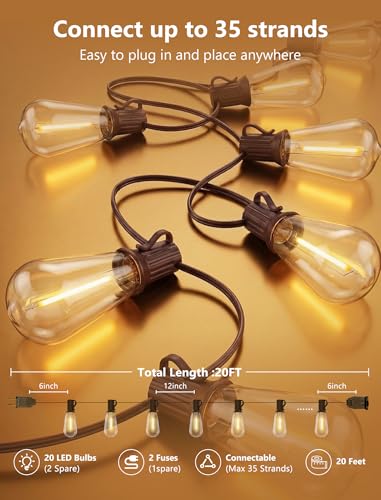 Image of 20FT ST40 LED Outdoor String Lights, Vintage Edison Patio Lights with 22 Shatterproof Bulbs, Waterproof Hanging Outdoor Lights for Backyard Porch Deck Bistro Garden, Warm White 2700K, Brown Wire
