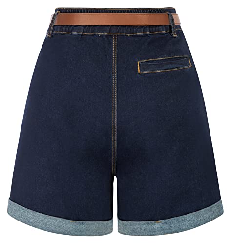 Belle Poque Women Denim Shorts Vintage Denim Shorts Wide Leg Denim Shorts With Pockets (Deep Blue 682,S) #TOP1