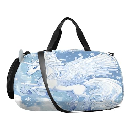 Unicorn Snowflake Cloud Blue Kids Travel Duffel Bag for Boys Girls Overnight Weekend Tote Bag with Shoes Compartment for Trip Beach Swim2