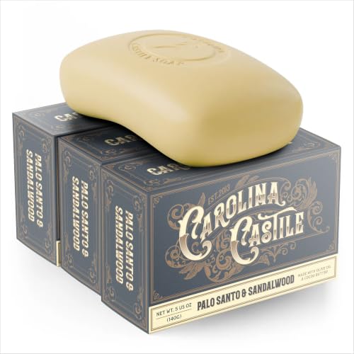 Image of Carolina Castile Soap Palo Santo & Sandalwood Bar Soap - Triple Milled for a Smooth, Silky Lather - Made with Unsaponified Olive Oil & Fair-Trade Cocoa Butter for a Soft, Daily Wash - 5 oz