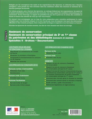 Assistant de conservation principal du patrimoine (2e et 1re classe): Concours et examens professionnels spécialités II Archives Documentation catégorie B