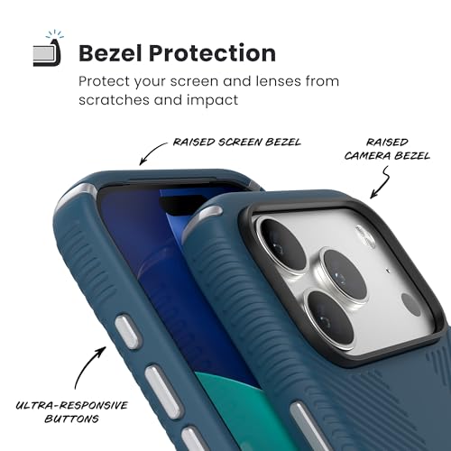 Image of Speck PRESIDIO2 Grip for iPhone 17 Pro Case, Slim Protective Case, DEEP SEA /Silver Metallic /Spell Blue