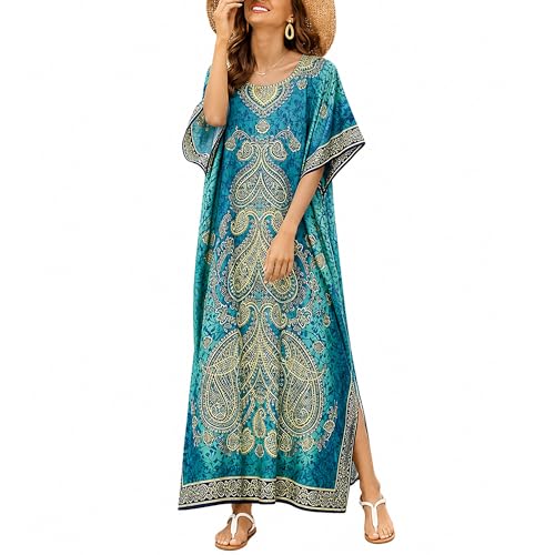 Goood Times Vestido de caftán de Talla Grande, túnica, Largo, Kimono, caftán, camisón, Playa, Fiesta, Vestido Informal, Azul, Talla única Grande