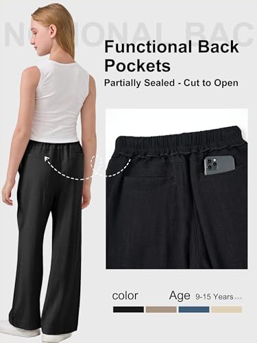 Image of Rolanko Girls Wide Leg Linen Pants Breathable Flowy Palazzo Trousers for School Beach Daily Wear 9-15 Years