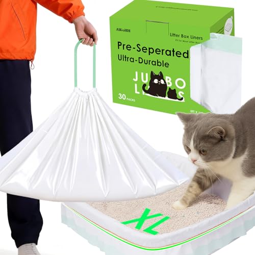 AWoHH Cat Litter Box Liners - [30 Count] Heavy Duty Cat Litter Liner Bags For Litter Box, Pre-separated in Dispenser Box (No Tearing Needed), Large/Jumbo Drawstring Liners with 2 Rubber Bands, 36'x16'