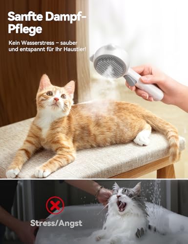 FEELNEEDY Katzenbürste mit Dampf, Furminator Katze mit Auslöseknopf Wassertank, Dampfbürste Katze für Langhaar/Kurzhaar Hunde Katz, USB aufladbar, Zwei-Geschwindigkeits-Sprühfunktion