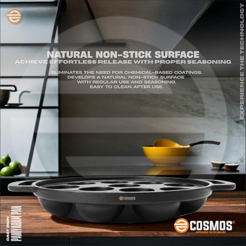 Image of E-COSMOS Pre Seasoned Cast Iron 9 Cavity Appam Patra, Paniyaram Pan Iron, Appam Pan, Pan Cake, Paddu, Appam Maker, Ponganal Maker, Appe and Litti Maker with 2 Side Handle, 23cm, Black (9 Cavity)