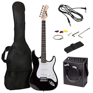 RockJam RJEG02-SK-BK Full Size elektrische gitaar Superkit met gitaarversterker Gitaarsnaren Gitaarriem Gitaartas en gitaarkabel Zwart