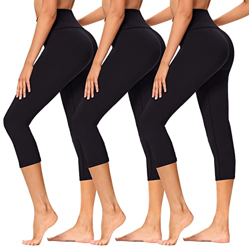 TNNZEET 3er Pack Capri Leggings Damen 3/4 für Sport, 7/8 Leggins High Waist Hose Sporthose für Gym Yoga(Schwarz/Schwarz/Schwarz,L-XL)
