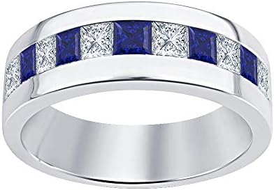 Dabangjewels 14k White Gold Over Sterling Silver Princess Cut Created Blue Sapphire & Diamond Men's Wedding Band Anniversary Ring