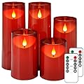 NURADA Flameless Candles, Acrylic LED Pillar Candles Battery Operated with Remote and Timer Candle for Romantic Ambiance and Home Table Bathroom Decor, Pack of 5 (D 3"×H 4" 5" 6" 8" 8") (Red)