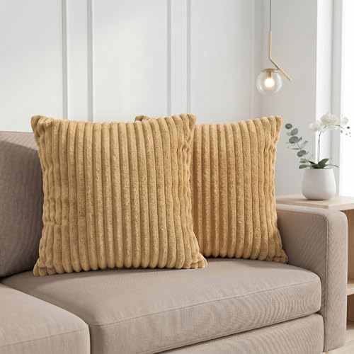 Image of Yellow Weaves Pencil-Stripe Fur Cushion Covers | Soft Polyester | Decorative Sofa & Throw Pillow Covers | 16x16 Inches, Pack of 2 (Golden Brown)