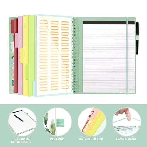 Image of Ospelelf Clipboard with Storage, Leather Padfolio Portfolio Organizer 5 Folders with 10 Pockets, Spiral Clipboard Folio with Notepad for Letter Size, Elastic Closure and Pen Loop Green Plants