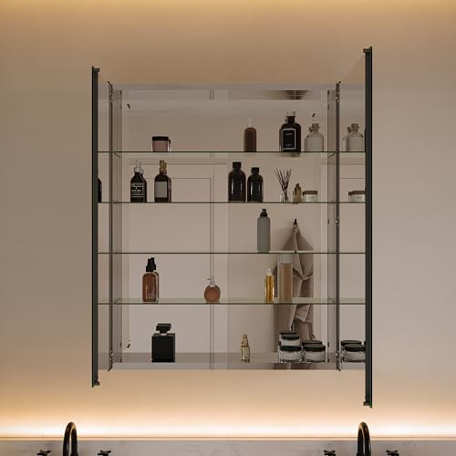 Image of Fresca Bath 30 inch W x 36 inch H Modern Bathroom Medicine Cabinet with Mirrors, Recessed or Wall-Mount Installation, 4 Adjustable Glass Shelves, 2 Mirrored Doors - #FMC8091