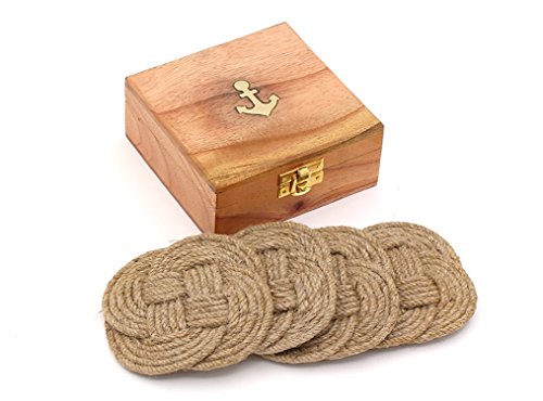 Coasters Set of 4 with Wooden Box Holder, Absorbent Drink Coasters for Drinks & Coffee Table, Handmade Jute Rope Woven Cup Coaster, Table Coaster for Home Décor, Desk, Bar (Beige)