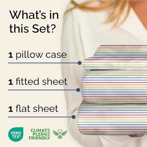Image of Twin XL 3 Piece Striped Sheet Set - Breathable & Cooling - Rainbow Stripe
