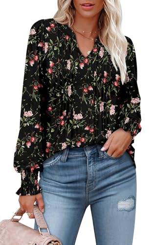 BETTE BOUTIK Long Sleeve Shirts for Women Fall Tops Dressy Blouses Pleated V Neck Tunic Tops for Leggings S-3XL