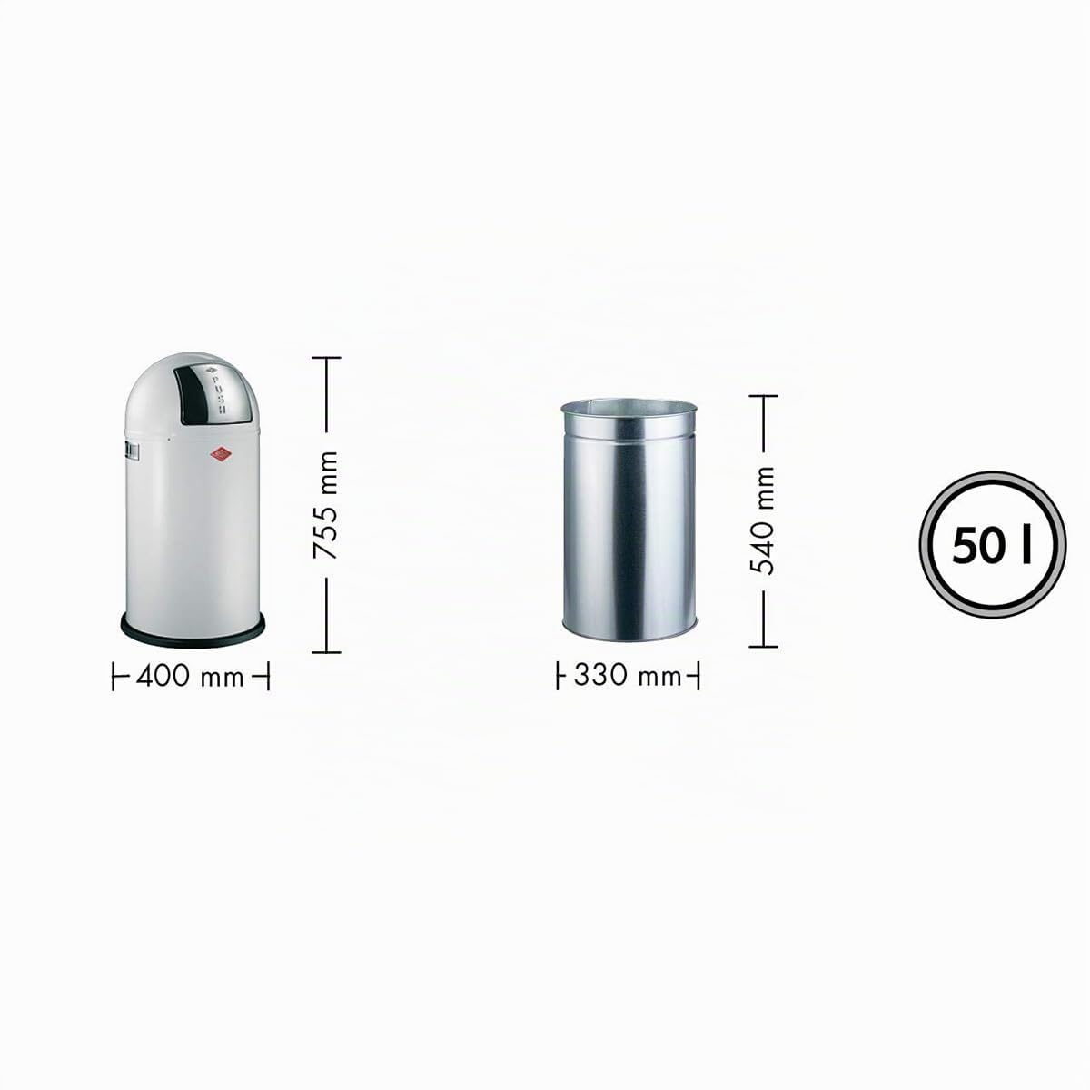 WESCO Poubelle Pushboy de couleur rouge, tôle d'acier revêtue par pulvérisation, volume de 50 l, grand rabat en acier inoxydable, bac intérieur amovible