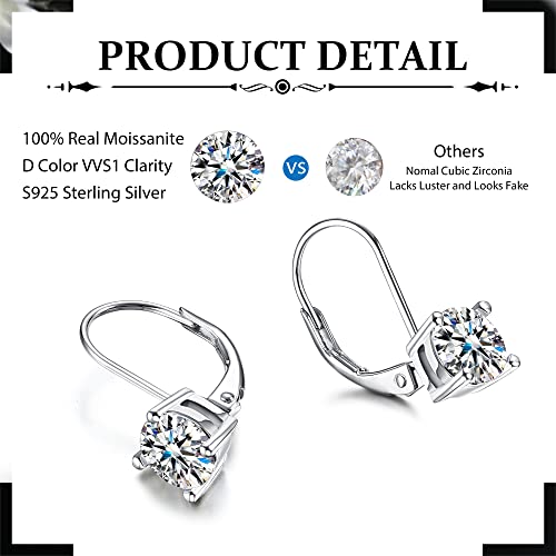 Gemqueen Moissanite Dangle Earrings 2Ct Brilliant Round Cut D Color Vvs1 Clarity Lab Created Diamond Earrings 18K White Gold Plated Hypoallergenic Sterling Silver Moissanite Earrings With Leverback Mother Day Gift #TOP1