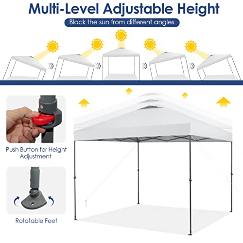 Image of Tangkula 10x10 Ft Pop Up Canopy, Easy Set-up Instant Tent with Center Lock, Carry Bag, Rotatable Feet, 8 Stakes, 4 Ropes, Outdoor Canopy Tent for Beach, Camp, Patio, Market (White)
