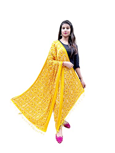 Dupatta en soie chinon jaune artisanat traditionnel indien bandhej pour femme