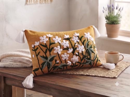 Image of Furnistitchs Boho Rectangle Cushion Cover 12x20 inches | Handmade Decorative Throw Pillow Case | Bohemian Home Decor Sofa Bed Cushion Cover Living Room Bedroom (1, Mustard Flowers, 12x20 inches)