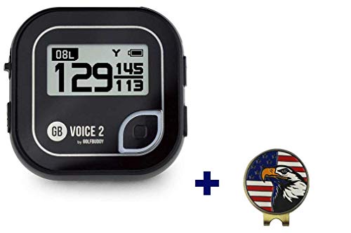 Golf Buddy Bundle Voice 2 GolfBuddy Voice2 Easy-to-Use Talking GPS, Black + 1 Custom Ball Marker Hat Clip Set (American Eagle)