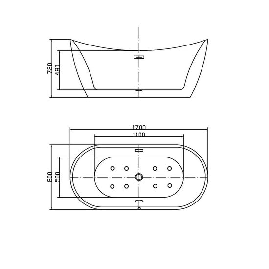 Bagno Italia Wanna 170x80x72 cm centrum pokoju wolnostojący błyszczący biały z hydromasażem