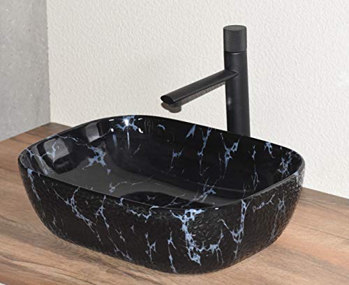 Image of InArt Ceramic Wash Basin /Vessel Sink /Over or Above Counter Top Wash Basin for Bathroom Rectangle Shape Black Marble Color 18 x 13 x 5.5 Inch
