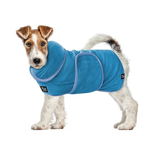 Tuff Pupper Fast Drying Dog Bath Robe | 800 GSM Plush Dog Towel Bathrobe/Dressing Gown | Super Absorbent Pet/Puppy Bathrobe | Adjustable Hood & Belly Strap | Super Soft | Fast Drying (XS, Blue)