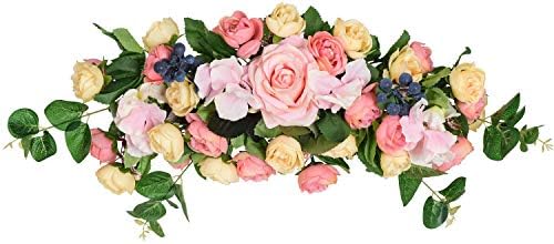 Wofair 15 Inch Artificial Rose and Hydrangea Swag, Faux Swag with Pink White Flowers Apple Leaves Blueberry for Wedding Arch Front Door House Wall Decoration