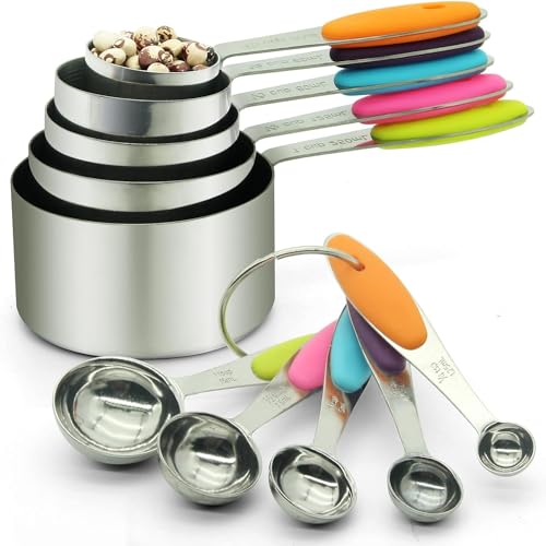 SKY-TOUCH 10 Piece Measuring Cups and Measuring Spoons Set with Detachable Ring Stainless Steel Stackable 5 Cups 5 Spoons with Silicone Grip Handle to Measure Dry Liquid Food for Cooking or Baking