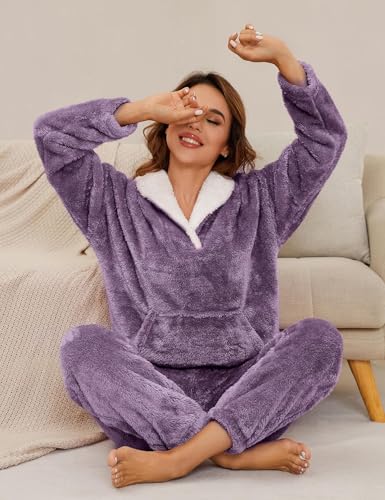 Kissonic Women's Fluffy Pajama Set Fleece Pullover Pants Fuzzy Lounge Set Cozy Winter Pj Sleepwear with Pockets4