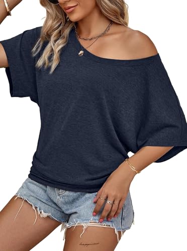 Image of Hilinker Womens Sexy Off The Shoulder Tops Short Batwing Sleeve T Shirt Oversized Casual Tee