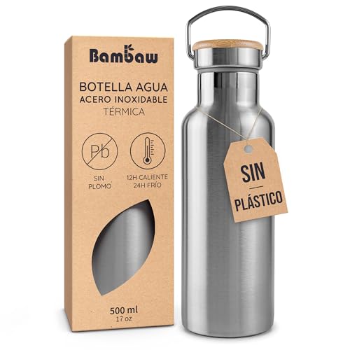 Bambaw Botella Agua Acero Inoxidable 500ml, Botella Térmica para Agua o Infusiones, Cantimplora Gimnasio, Ideal para Viajes y Deporte, Garrafa Reutilizable y Duradera Sin Fugas (Acero Nature)