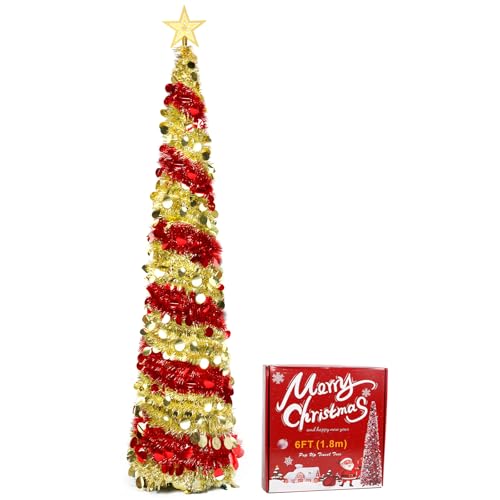 Árbol de Navidad Artificial de 180 cm, con Estrella y Soporte Estable, Lentejuelas Montaje rápido, Plegable, para casa, Chimenea, Oficina, Tienda, Hotel Decoración, Rojo