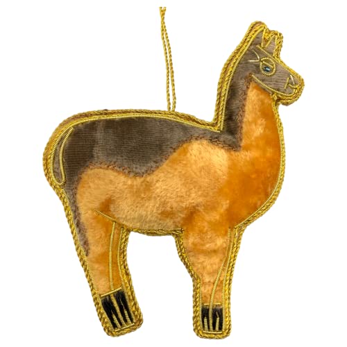 Zari Llama Adorno de Navidad, bordado Zardozi, bolsa de regalo, fabricado en la India
