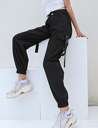 xxxiticat Women's Buckle Cargo Pants High Waist Multi-Pockets Hip Hop Chain Lace Up Motorcycle Plain Loose Baggy Trouser2