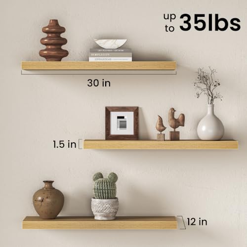 Image of Fun Memories 30 Inch Floating Shelves for Wall, 12 inch Deep Large Wall Mounted Wood Shelves with Invisible Bracket, Rustic Oak Floating Shelf for Bathroom Over Toilet Kitchen Living Room, Set of 3