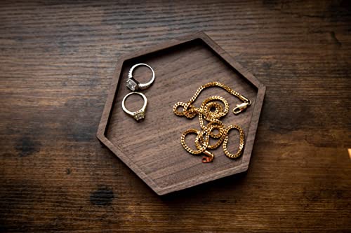 Muujee Hexagon Ring Dish - Small Wood Tray Wooden Jewelry Trinket Dish Wedding Anniversary Birthday Gift Ideas - 5.5" X 5" #TOP3