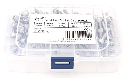iExcell 100 Pcs M5 x 8mm/10mm/12mm/16mm/20mm Stainless Steel 304 Hex Socket Head Cap Screws Bolts Assortment