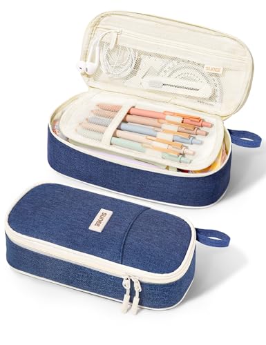 Image of SUNEE Cute Pencil Case, Aesthetic Pen Pouch, Colored Large Pencil Bag with Zipper, Kawaii Stationery Storage and Organizer, School Supplies for Teen and Adult Girls, Navy Blue