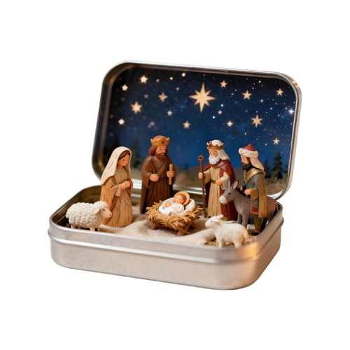 Hamosky Juego de mini belén de Navidad en caja de lata decorativa, figuras de resina con fondo de noche estrellada, exhibición navideña de 9,5 x 6 cm, escena de pesebre coleccionable para interiores