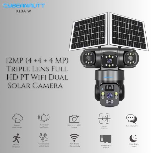 Image of XUGA-Cybernautt Series X10A-W 12MP PTZ Dual Solar WiFi Outdoor CCTV Camera | Color Night Vision | Motion Detection | Water Proof | for Farm | Triple Lens WiFi Camera