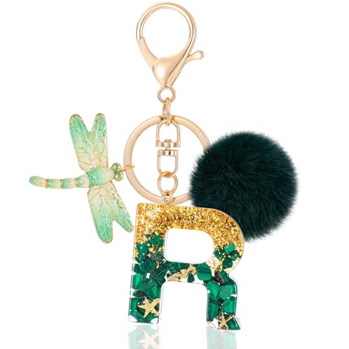MWOOT Letter Keychains Llavero con Inicial,Resina Keyrings con Peluches Libélula Colgante,Verde Moda Alfabeto Llavero Encanto para Mujeres Monedero Equipaje Bolsos Colgante (R)