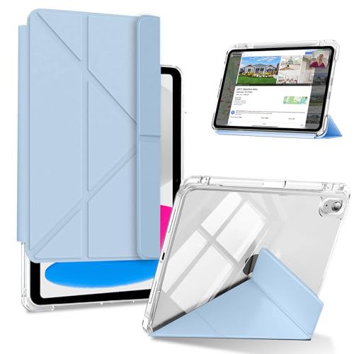 Coque iPad A16 anti-rayures à dos arrière translucide bleu et étui détachable anti-perte stylet
