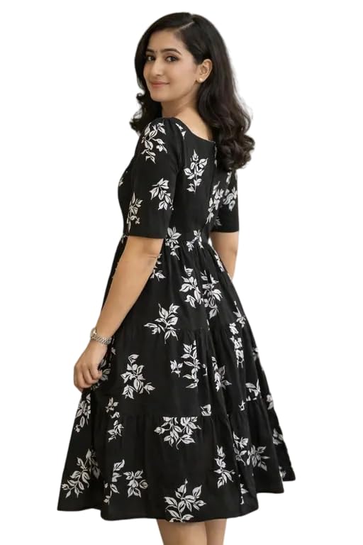 Image of Women's Round Neck Floral Block Printed Elbow Sleeves Front Button Detailing Layered and Tiered Hem Kurti Gown