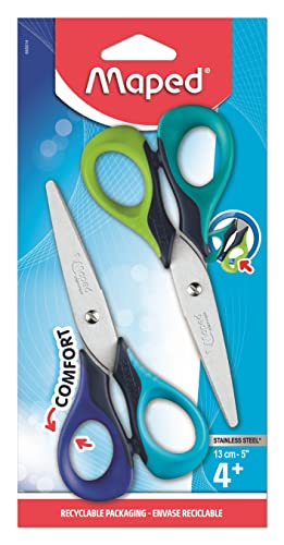 Maped - Ciseaux Ergonomiques Sensoft 13 cm Lames Inox Bleu/Vert 2 Paires