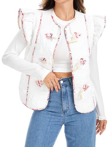 HOULENGS Women's Flutter Sleeve Printed Puffer Vest Sleeveless Quilted Jackets Button Down Padded Gilet Coats with Pockets